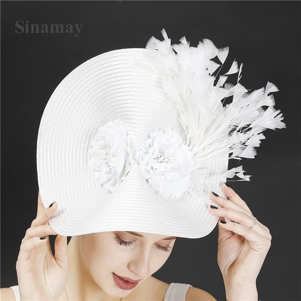 Women's Straw With Faux Feather Flower Kentucky Derby Saucer Hats Fascinators With Clip