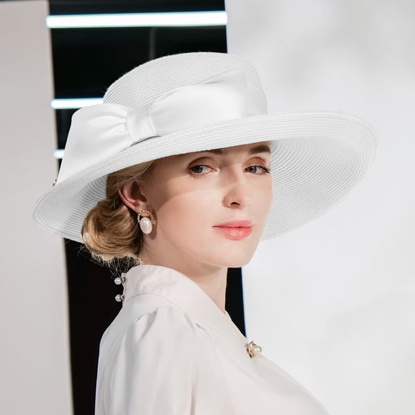 Women's Wide Brim Summer Polyester With Bowknot Ribbons Kentucky Derby Church Hats Panama Hats